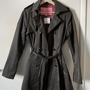 Betsey Johnson Black & Gold Detail Trench Coat w/ Corset Detail Back (S)